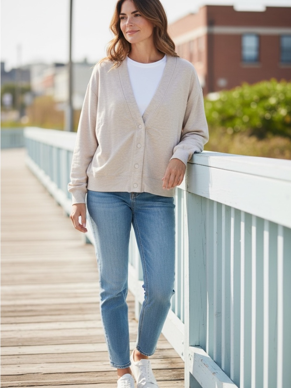 Everyday V-Neck Button Cardigan in Light Beige